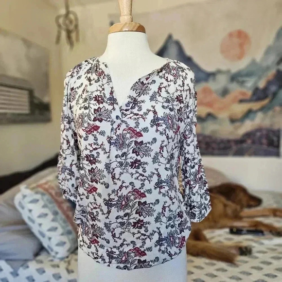 Rose & Thyme Linen Peasant Blouse S | Boho White Floral Long Sleeve Top - Picture 4 of 10
